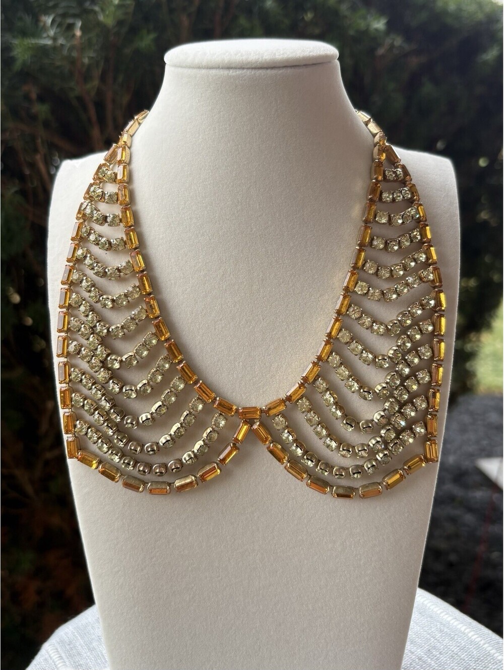 Vintage Signed Fenichel Adjustable Collar Necklace Jonquil Topaz Rhinestone Bib